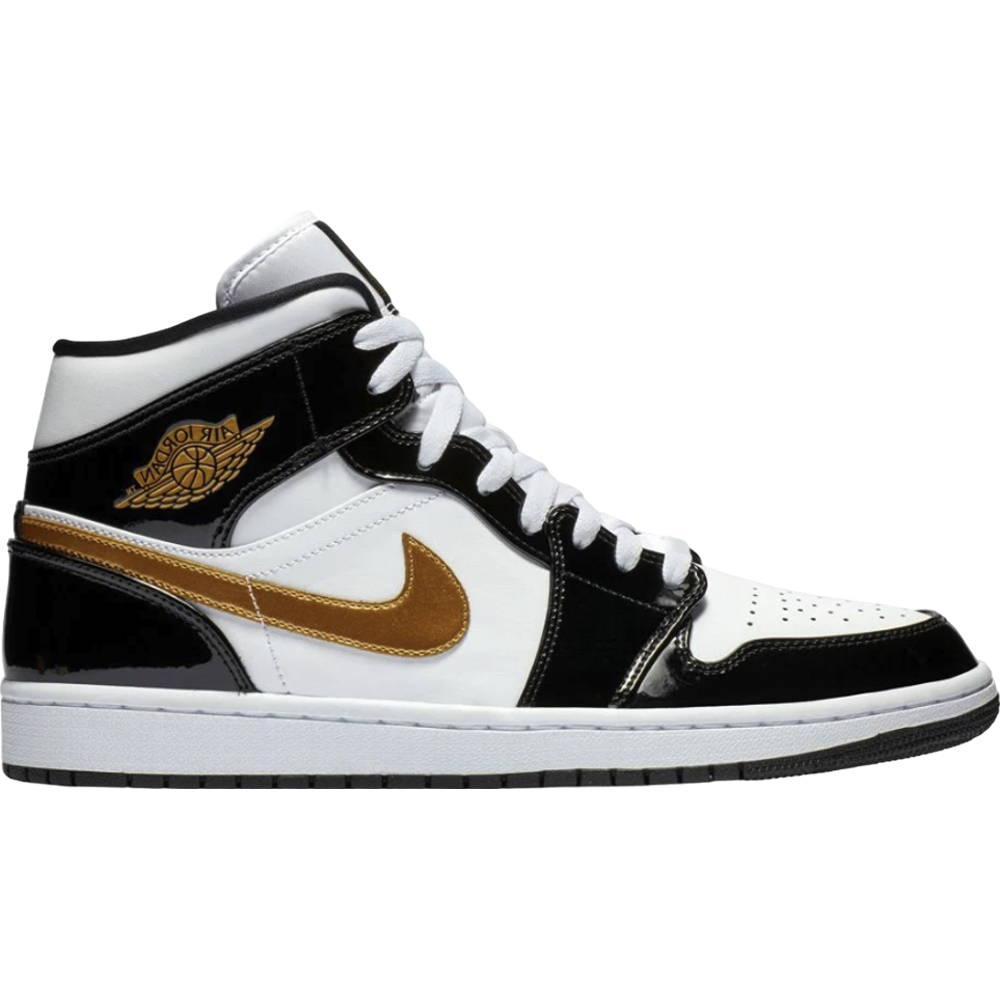 Jordan 1 Mid Patent Black White Gold